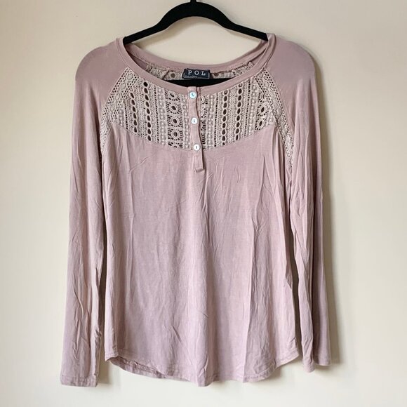 EUC POL Distressed Long Sleeve Henley With Crochet Detail, Light Mauve, Small - Picture 1 of 10